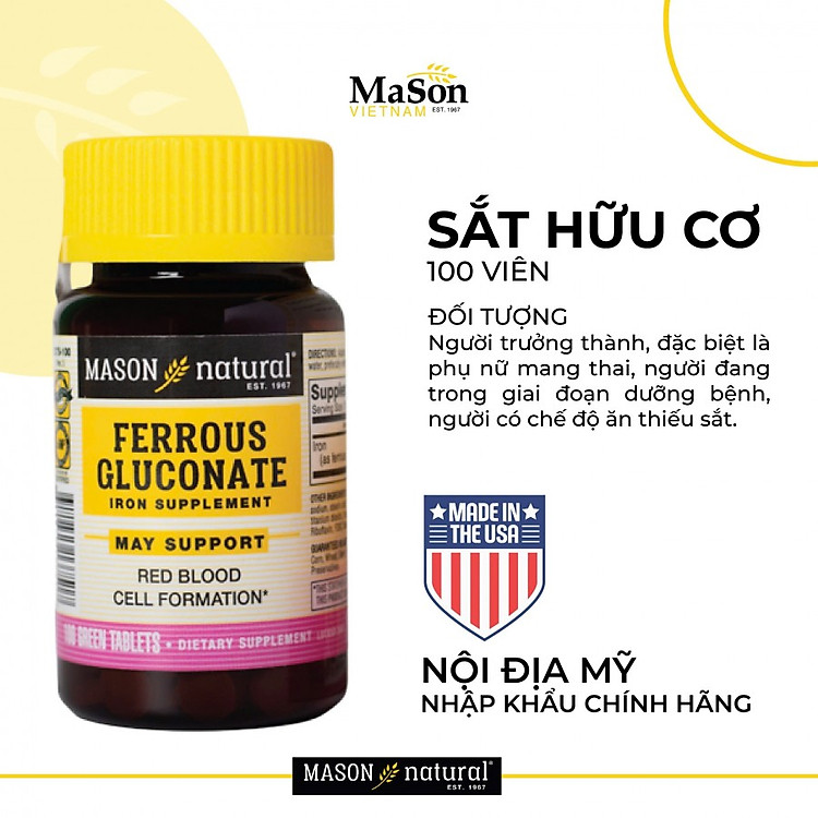 Viên uống bổ sung Sắt Hữu Cơ Mason Ferrous Gluconate 50 Viên/Hộp