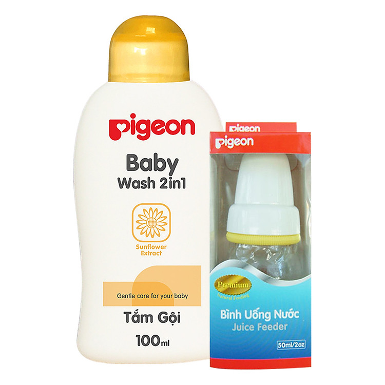 Combo Pigeon: Bình Uống Nước Cao Cấp (50ml) + Tắm Gội Hoa Hướng Dương 2 In 1 - Nắp Màu (100ml)