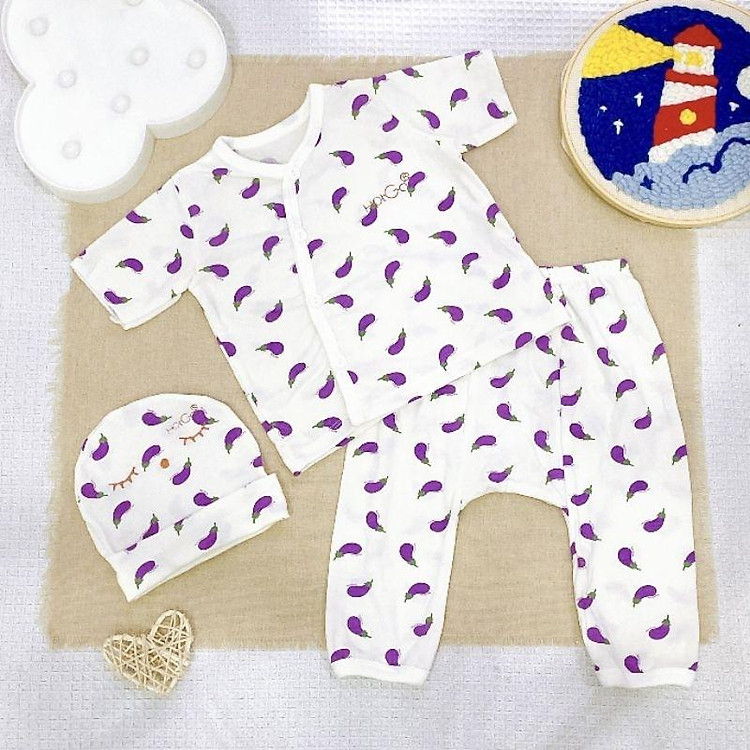 BỘ SƠ SINH GÀI NÚT 3 MÓN (Áo, Quần, Nón) HotGa cho bé dưới 6kg