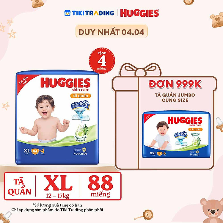 Tã/bỉm quần Huggies Skin Care Mega Jumbo XL84+4 miếng với tràm trà dịu da