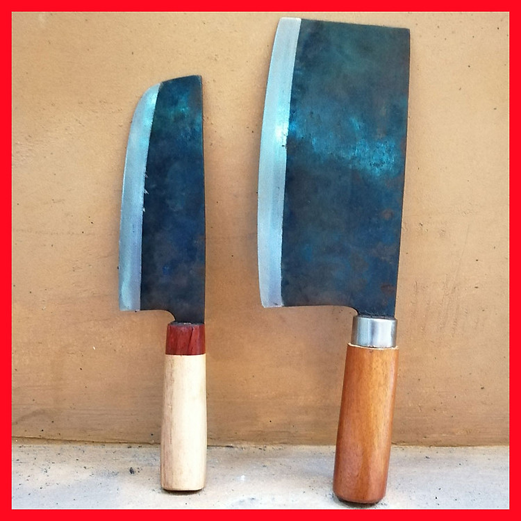 Combo Dao Nhà Bếp, Dao Chặt + Dao Thái Làm Bằng Nhíp Ô Tô, Cán Gỗ Lim Cao Cấp, Dao Rèn