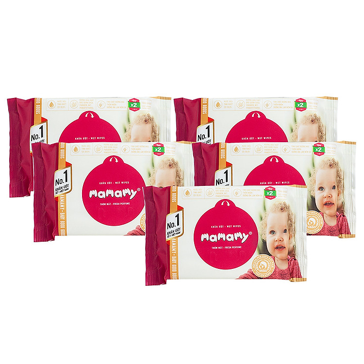 Combo 5 Gói Khăn Giấy Ướt Hương Thơm Mát Kháng Khuẩn, An Toàn Cho Bé Mamamy (30 Tờ) - Hồng