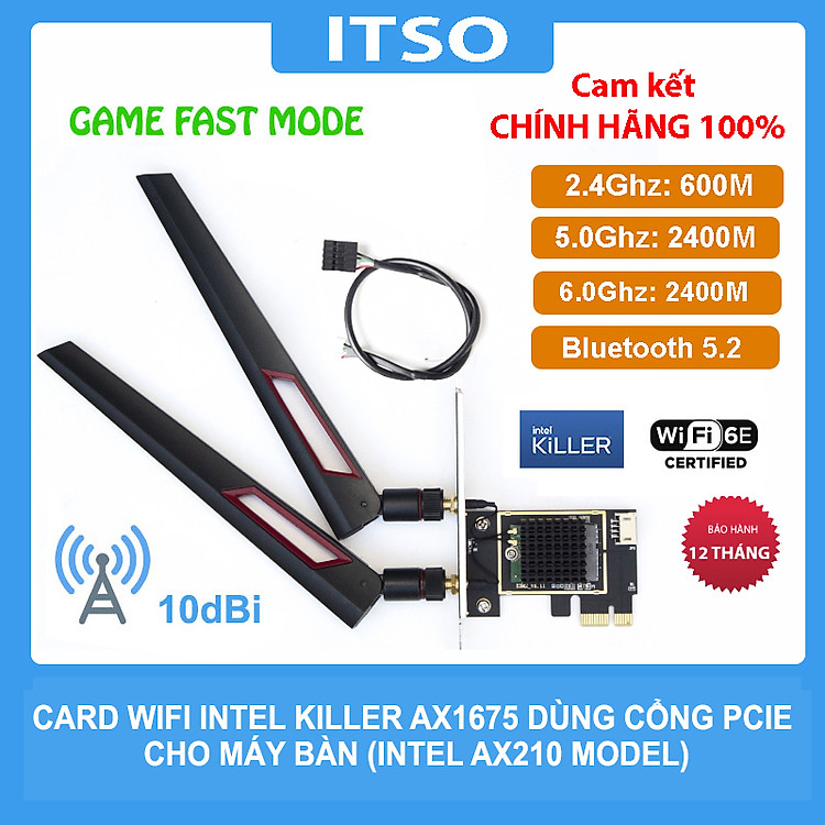 Card WIFI Bluetooth Intel Killer AX1675 (AX210) - Công nghệ WIFI 6E tốc độ 5374 Mbps tích hợp Bluetooth 5.3 kèm bộ đầu chuyển PCI - Hàng nhập khẩu