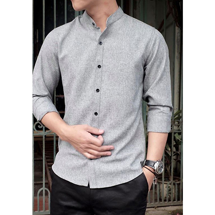 Áo Sơ Mi Nam Cổ Tàu Màu Xám Sáng Trẻ Trung SM03