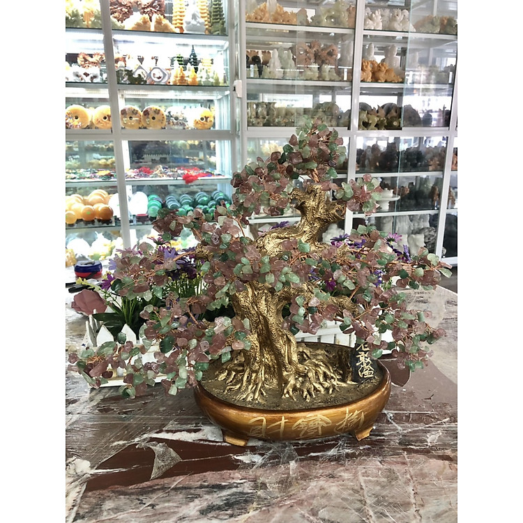 Cây tài lộc bonsai phong thủy đá thạch anh dâu tây đỏ và xanh - Cao 40 cm