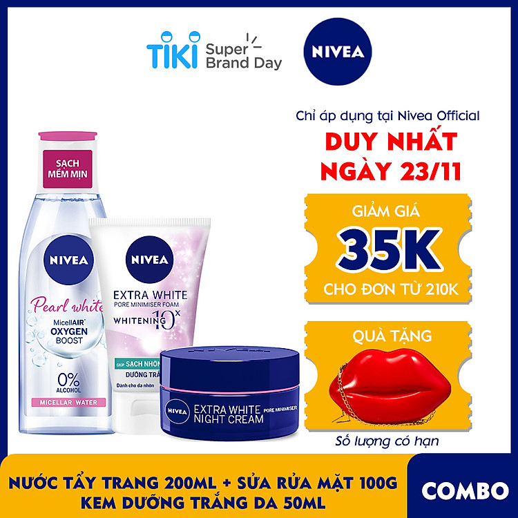 Bộ 3 Nước Tẩy Trang NIVEA Pearl White Làm Sáng Da Micellar Water (200ml) - 84911 & Sữa rửa mặt NIVEA Pearl White giúp trắng da ngọc trai (100g) - 81295 & Kem Dưỡng Trắng Da NIVEA Extra White Se Khít Lỗ Chân Lông Ban Đêm (50ml) - 86740