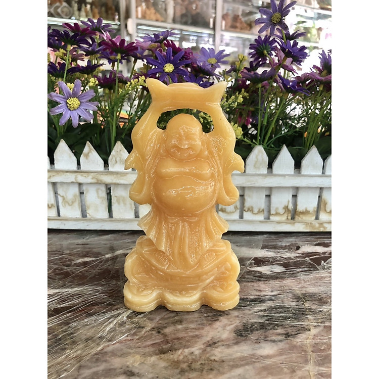 Tượng Phật Di Lặc đứng đỡ thỏi vàng phong thủy đá ngọc hoàng long trang trí bàn làm việc - Cao 15cm