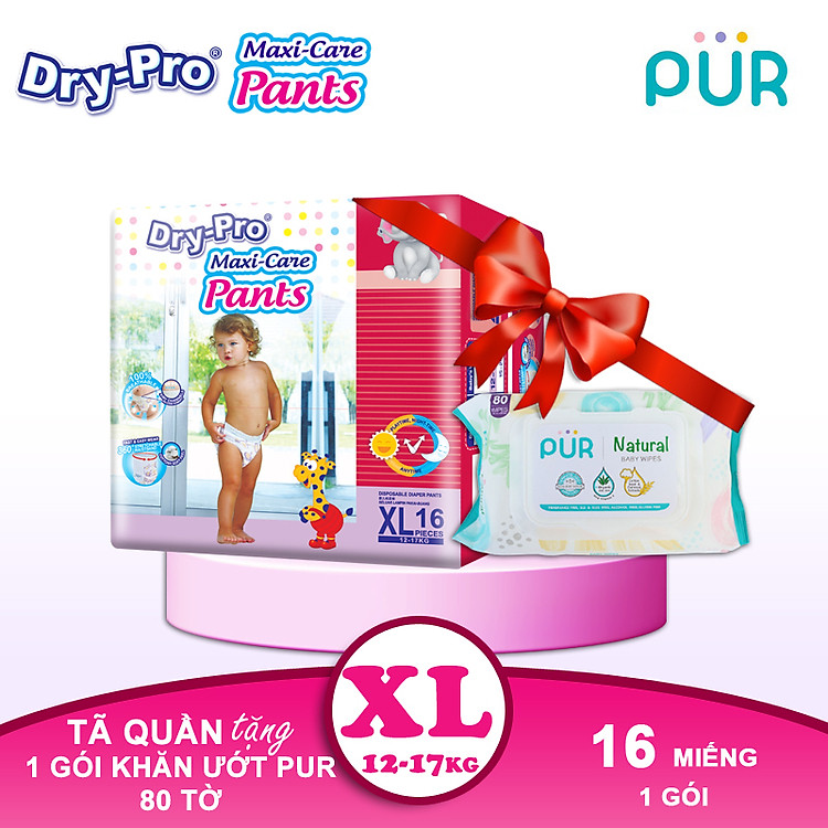 Combo Tã Dry-Pro XL16 + Khăn ướt Pur Chính hãng Ưu đãi