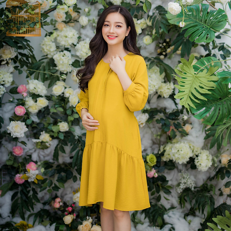 Đầm bầu vải đũi cổ tròn xếp ly tay dài Emum