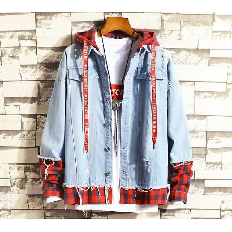 Áo khoác Jeans Nam Unisex phối nón Caro sọc đỏ cao cấp