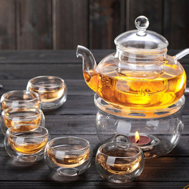 BỘ ẤM CHÉN PHA TRÀ KÈM ĐẾ CHÂM NẾN TRÒN THỦY TINH - ANTH569