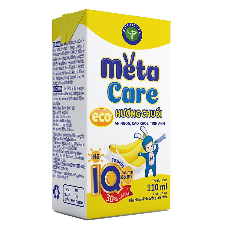 Thùng sữa nước Nutricare Metacare ECO (Vị Chuối) - ăn ngon cao khoẻ tinh anh cho trẻ từ 1 tuổi (110ml x 48 hộp)