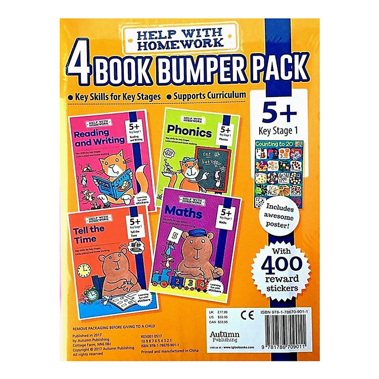 Sách Help With HomeWork - 4 Book Bumper Pack : Maths , Phonics , Reading and Writing and Tell the Time (Ages 5+) (Includes Awesome Poster)