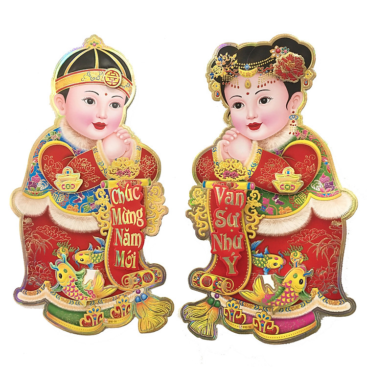 Tranh 3D Cô - Cậu Dán Tường Trang trí Tết Nguyên Đán