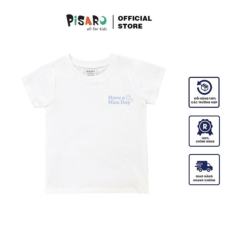 Áo thun trắng unisex cho bé Pisaro Kids vải cotton 4 chiều cao cấp mềm mại từ 8 đến 30kg
