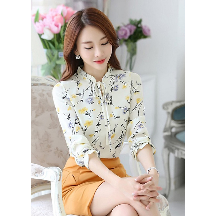 Áo sơ mi hoa lyly cổ nơ duyên dáng BY3191