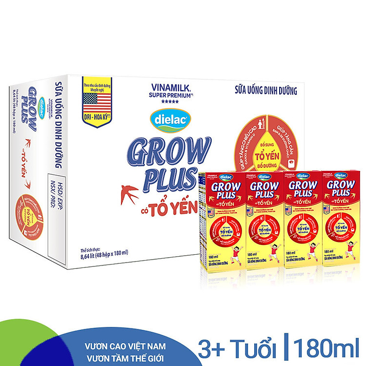 Thùng 48 Hộp sữa bột pha sẵn Vinamilk Dielac Grow Plus có tổ yến 180ml