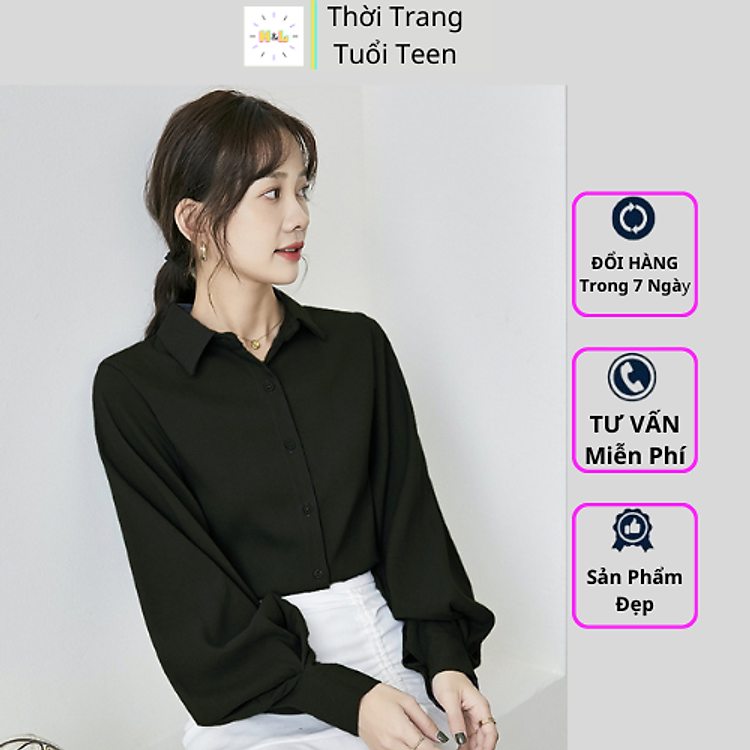Áo sơ mi nữ form rộng tay dài phồng hot trend hàn quốc trẻ trung thanh lịch vải lụa mềm mịn-MUD02
