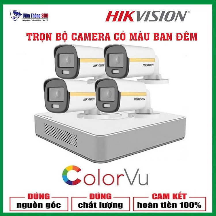 Bộ Camera Quan Sát Có Màu Ban Đêm Hikvision 4 Kênh Full HD 1080P - Trọn Bộ Đầy Đủ Phụ Kiện Lắp Đặt - Hàng chính hãng
