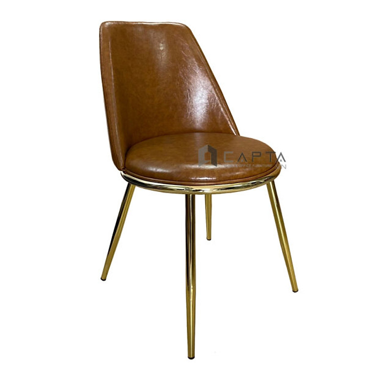 Ghế ăn bọc nệm PVC màu nâu bò LUX 27B-P Nội thất Capta Ghế tiếp khách spa bọc da simili bóng màu nâu bò chân thép mạ màu vàng