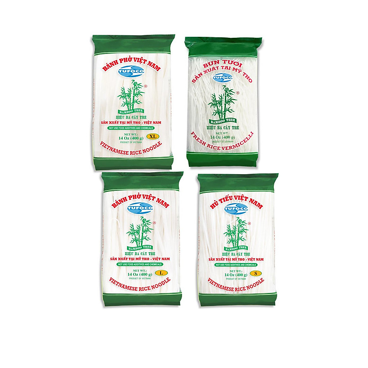 COMBO 4 loại SỢI KHÔ (Hủ Tiếu, Phở L, Phở XL, Bún) BA CÂY TRE (400g x 4 gói) ĐẶC SẢN MỸ THO