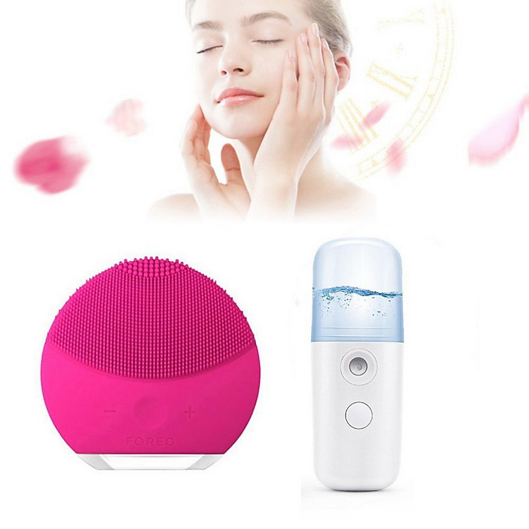 Combo Máy xông mặt, xịt khoáng nano mini cầm tay tiện lợi và Máy rửa mặt rung tạo bọt giúp sạch sâu