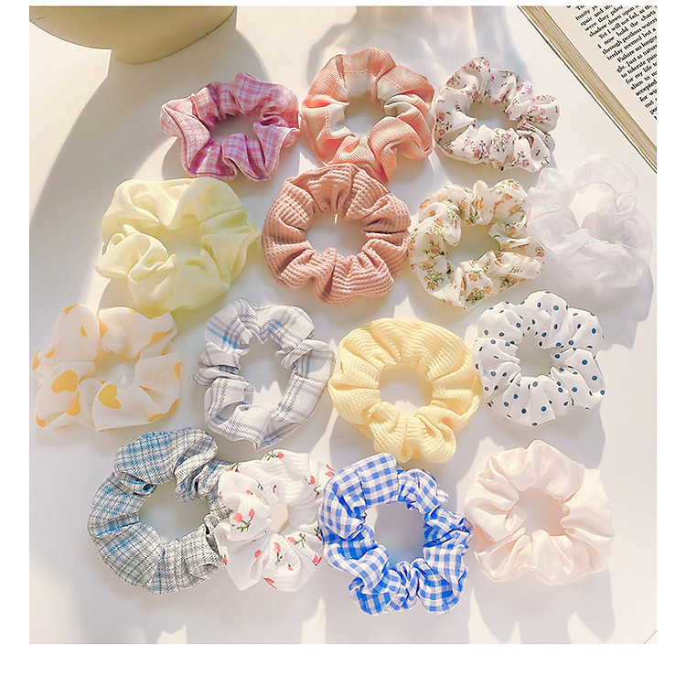 Dây Chun Buộc Tóc Vải Scrunchies Cộc Tóc Họa Tiết Dễ Thương Đơn Giản Vải Kẻ Varo, Voan, Kính Mềm Mại ( Giao Ngẫu Nhiên )