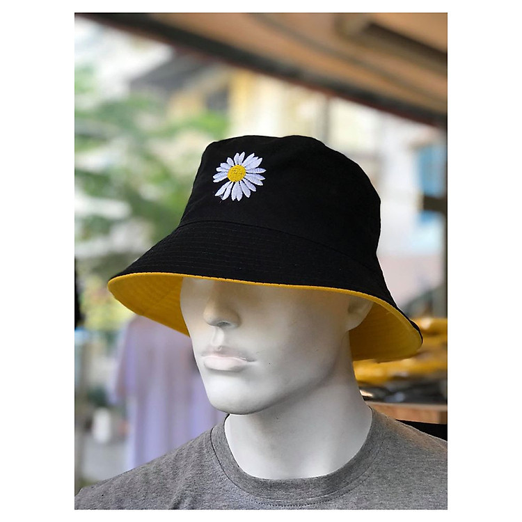 Nón bucket / Nón vành hoa cúc đội được 2 mặt vải cotton 2 lớp dày dặn đen vàng