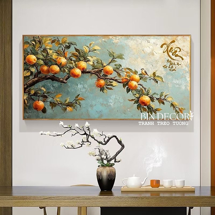 (HCM) Tranh treo tường tráng gương cành lựu may mắn 1 trang trí phòng khách,nhà hàng, khách sạn