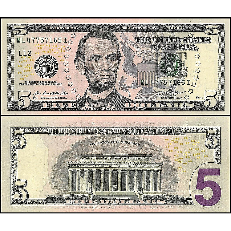 Tờ Mỹ 5 dollars hình ảnh ông LINCOLN sưu tầm, kèm phơi nilong bảo quản
