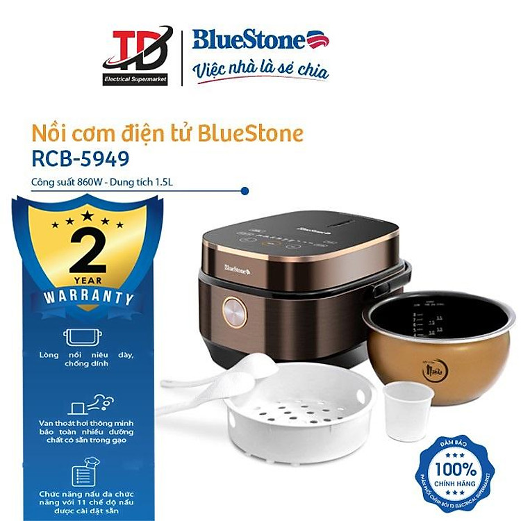 Nồi Cơm Điện Tử Bluestone RCB-5949, Lòng Nồi Niêu 1.5Lit-860w, Hàng Chính Hãng