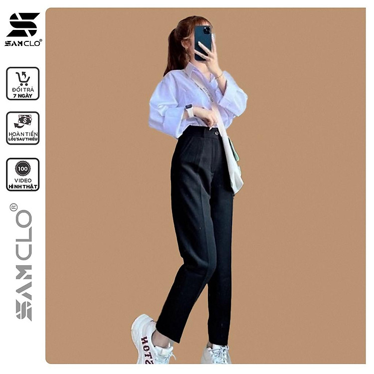 Quần tây đi học nữ cạp cao dáng suông 1 nút