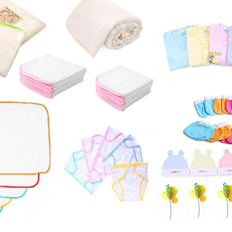 trọn gói 52 món sơ sinh cho bé ( 5 áo td màu+ 5 nón + 5 cặp bao tay + 5 cặp bao chân + 2 khăn tắm + 20 khăn sữa + 5 tã dán + 5 tã lót)_giao y hình