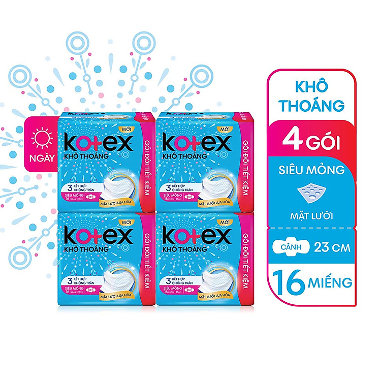 Combo 4 gói Băng Vệ Sinh Kotex Khô thoáng Siêu Mỏng Cánh 16 miếng
