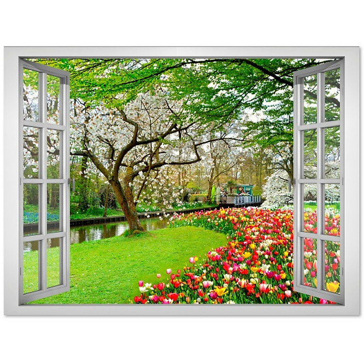 Tranh dán tường cửa sổ 3D vườn hoa đẹp VT0195