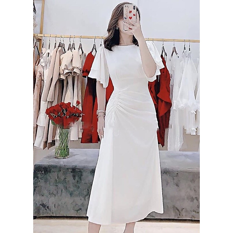 Đầm trắng form dài tùng rút dây