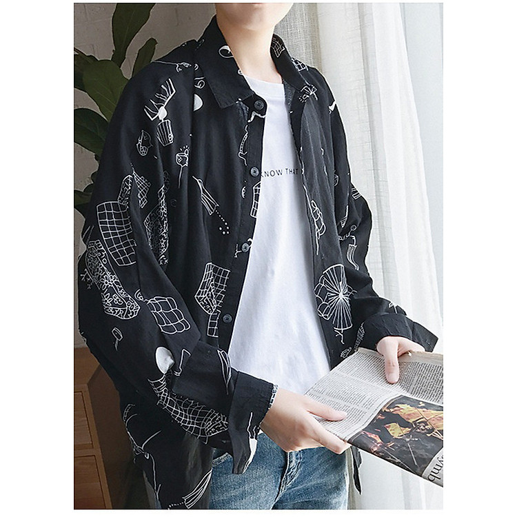 Áo sơ mi nam form rộng in họa tiết LAHstore, thiết kế dáng áo shirt jacket, thời trang trẻ, phong cách Hàn Quốc