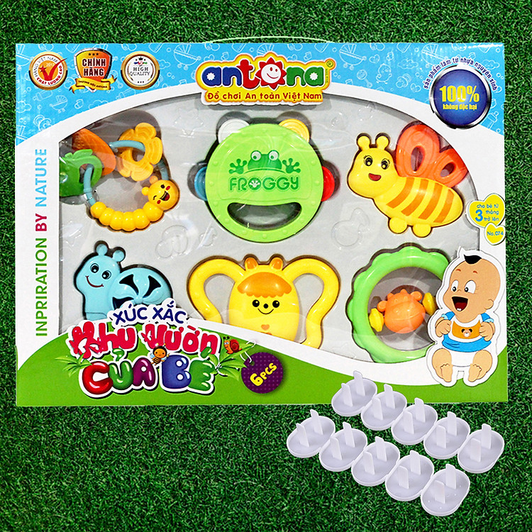 Đồ Chơi Cho Trẻ Sơ Sinh,Bộ 6 Xúc Xắc Lục Lạc Antona Tặng Kèm 10 Nút Bịt Ổ Điện An Toàn Cho Bé Yêu