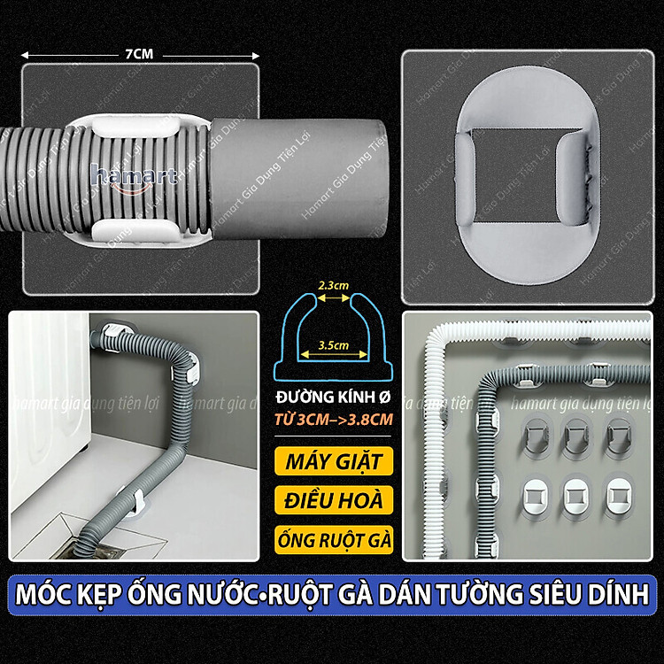 Móc Kẹp Ống Nước Dán Tường Nẹp Đỡ Ống Ruột Gà Giữ Cố Định Ống Xả Thoát Nước Máy Giặt Điều Hoà