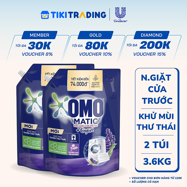 Combo 2 Túi Nước Giặt OMO Matic Chuyên Dụng Cửa Trước Lavender Khử Mùi Thư Thái 3.6KG