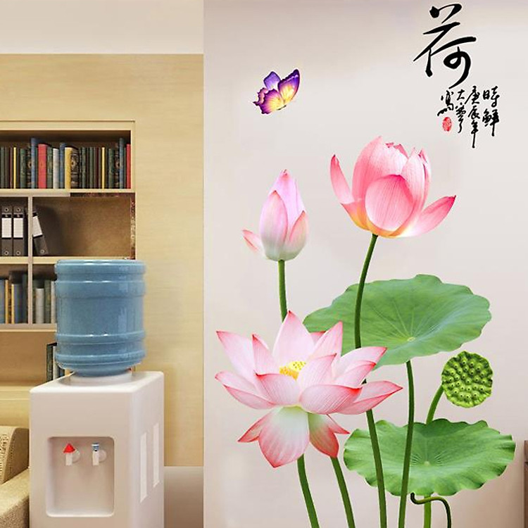 Decal dán tường trang trí văn phòng, quán cafe- Sen hồng có lá xanh- mã sp DGS9663