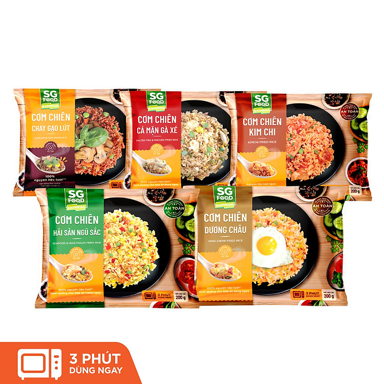 Combo 5 Gói Cơm Chiên Đủ Vị (Dương Châu, Hải Sản, Cá Mặn Gà Xé, Kim Chi, Gạo Lứt Chay) 200g