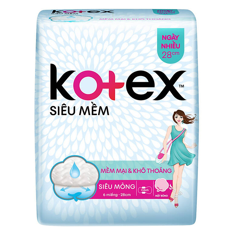 Băng Vệ Sinh Kotex Siêu Mềm Ngày Nhiều Siêu Mỏng Cánh 28cm (6 Miếng)