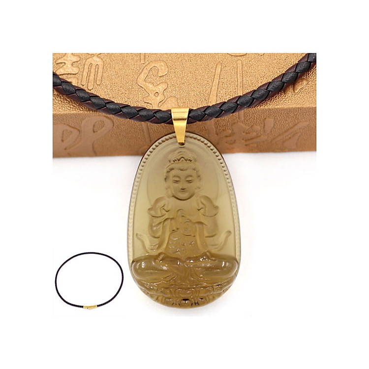 Dây chuyền mặt phật Đại Nhật Như Lai thạch anh khói 5cm + dây da - phật bản mệnh tuổi Mùi, tuổi Thân