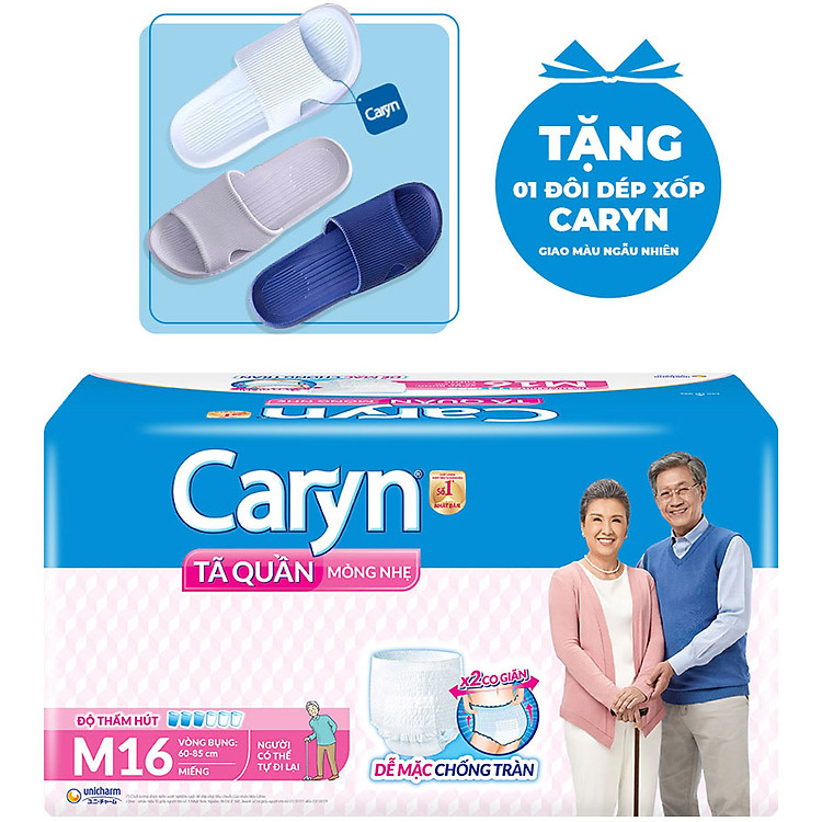 Tã Quần Caryn Người Lớn Loại Mỏng Nhẹ M16 (16 Miếng) - Tặng 1 Dép Chống Trượt (Màu Ngẫu Nhiên)