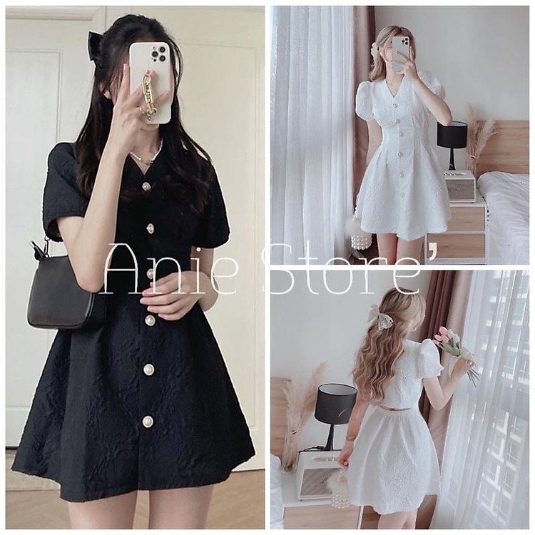 Đầm Nữ Cúc Ngọc Vải Gấm Xốp Hở Lưng Váy Nữ Dáng Xòe Cộc Tay Khuy Cài 2 Màu