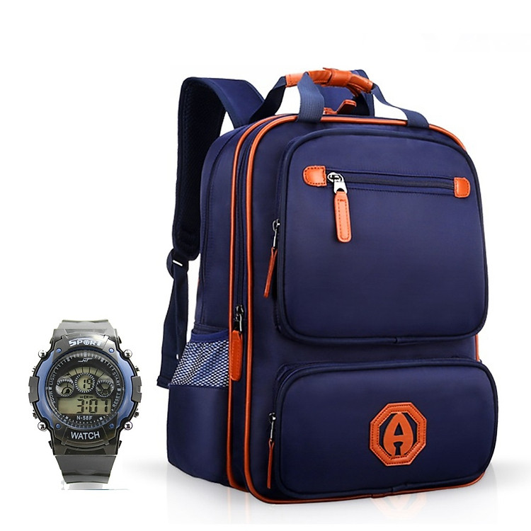 Combo đi học Balo học sinh tiểu học siêu nhẹ có chống gù, chống nước và đồng hồ trẻ em (màu ngẫu nhiên)