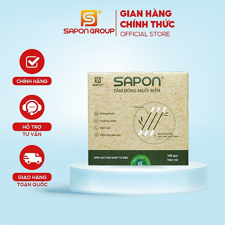Tăm bông muối biển SAPON Thân Trúc – 100 Que/Hộp (TB02-100), Kháng Khuẩn Tự Nhiên, Mềm Mịn