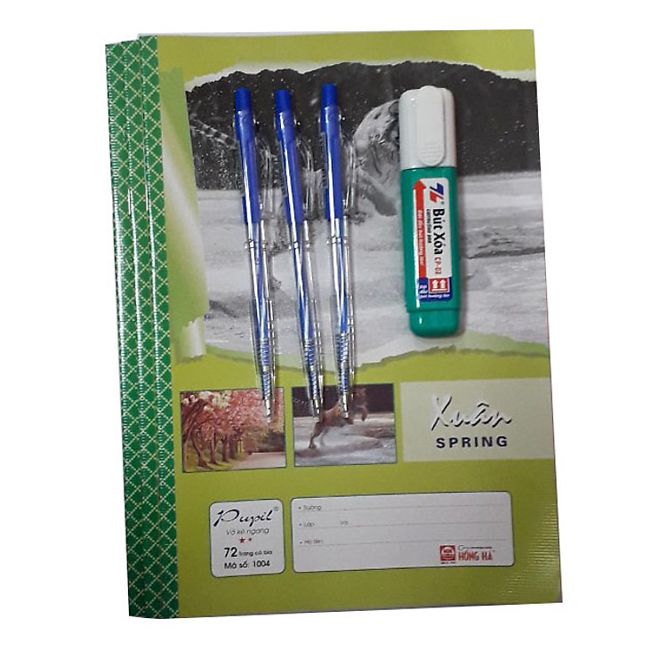 Combo bút xóa + 3 bút bi + 3 vở kẻ ngang