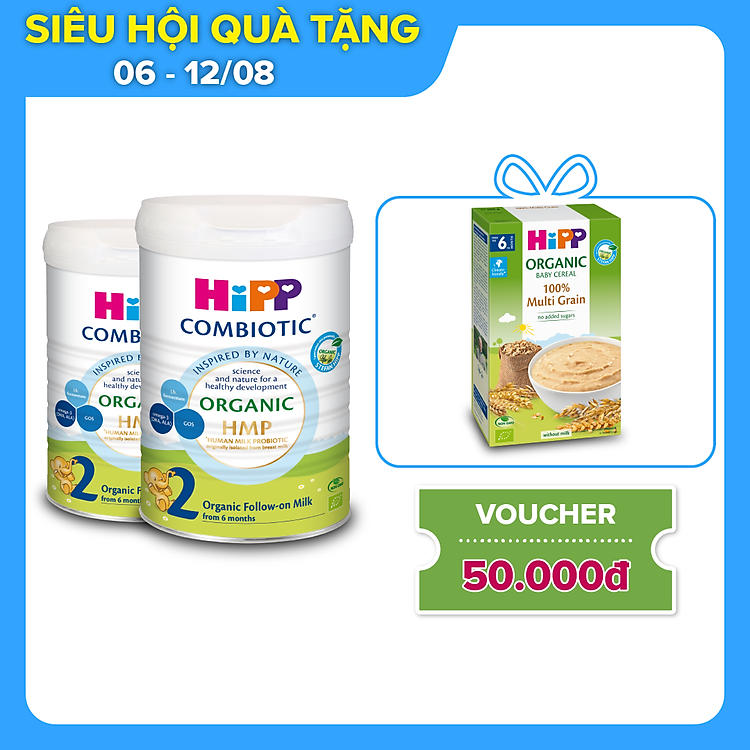 Combo 2 lon sữa bột dinh dưỡng công thức HiPP 2 Organic Combiotic chất lượng hữu cơ tự nhiên an toàn, bổ sung Omega 3 (DHA & ALA) dành cho trẻ từ 6 đến 12 tháng tuổi (2 lon x 800g)